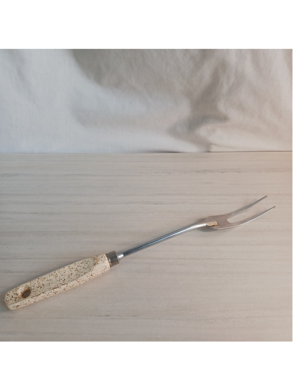 MCM Gold Fleck Ekco Eterna Stainless Steel Two Prong Serving Fork Wood Handle